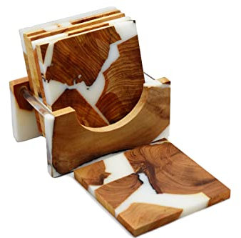 Saumo Untersetzer quadratisch für Gläser 6er Set Ink. Halter - Quadratische Design Glasuntersetzer für Getränke Tassen Bar Glas - Tischuntersetzer Holz/Epoxidharz Resin Dekoration Weihnachts Edition