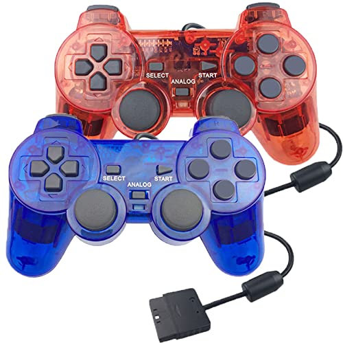 Hovlian Confezione da 2 controller cablati per PS2, gamepad a doppio shock, compatibile con console Playstation 2 (blu trasparente e rosso trasparente)