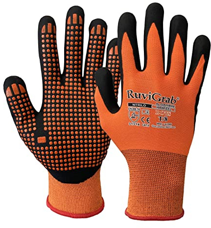 Ruvigrab - Arbeitshandschuh Nitrilschaum orange PVC Noppen | Gartenhandschuhe | Nitrilhandschuhe | Bauhandschuhe | Landwirtschaftshandschuhe | Grip und Komfort der Handschuhe | Größe 10