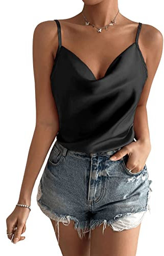 DIDK Damen Satin Bodys Wasserfallausschnitt Bodysuits Spaghettiträger Bodies Drapiert Body Schwarz M