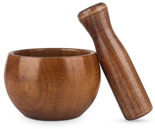 Hisize Wood Mortar and Pestle Set, Wood Grinder Bowl for Guacamole, Salsa, Herb Crusher and Pill