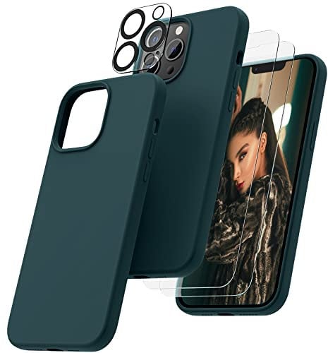 OIIAEE [5-in-1 Designed for iPhone 13 Pro Max Case 6.7 , with 2 x Screen Protector & 2 x Camera Protector, Soft Liquid Silicone Gel Rubber Slim Shockproof Cover with Microfiber Lining, Teal