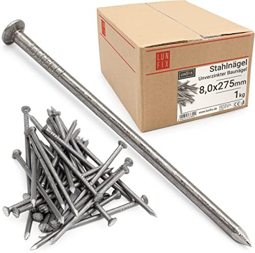 Chiodi in acciaio grezzo 8,0x275mm 1kg, lunghi e resistenti per legno e muro, testa piana per fissaggio e costruzione, chiodi da carpentiere e ferramenta, per bricolage e lavori fai da te, Lun Fix