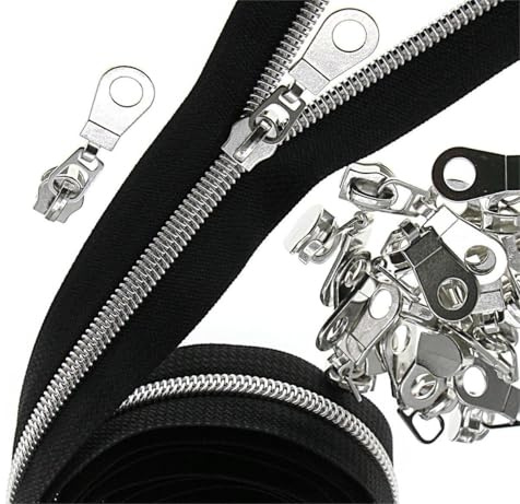 #5 Nylonspulen Reißverschlüsse 9m Endlos Reißverschluss Meterware Schwarze Klebeband Silberfarben Zähne mit 25 PCS Reißverschluss Sliders für Nähen YIGUANXIN