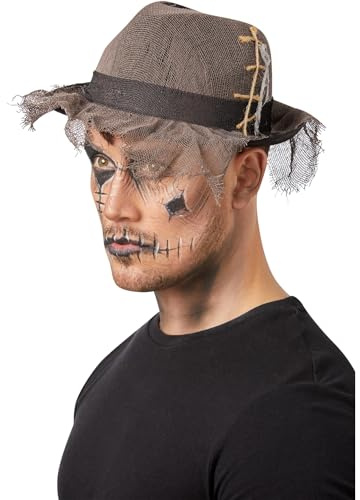 Smiffys Gothic Distressed Linen Style Trilby Hat, Grey, Halloween Fancy Dress Accessory, Gothic Dress Up Hats