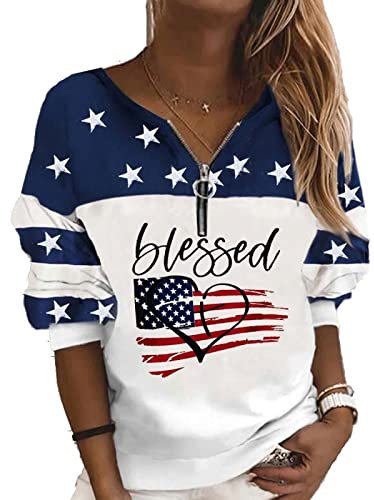 sivlana Damen-Sweatshirt mit USA-Flagge, lässiger gestreifter Druck, Pullover, Reißverschluss, amerikanischer patriotischer Pullover, #1 Blau, S