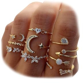 KISS WIFE Gold Stackable Moon Star Knuckle Rings Set for Women, Boho Dainty Lightweight Stacking Rings, Vintage Midi Rings Pack, Trendy Jewelry (Gold-Moon Star)
