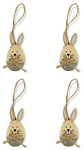 Holz Hase Ei mit Ohren grau 3,5 x 7cm 4 Stück Deko-Hänger Osterhase Osterei Anhänger