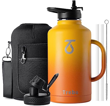 Trebo - Borraccia termica da mezzo litro con manico, 1,9 l, a doppia parete in acciaio inossidabile, grande brocca, borraccia da viaggio con beccuccio per cannuccia, tazza con tasca portaoggetti