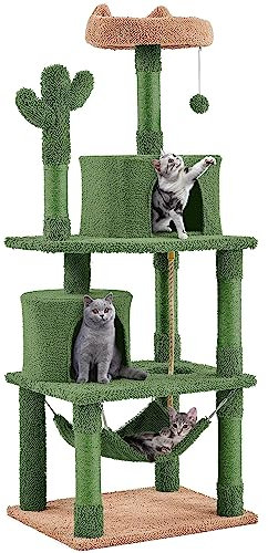 Yaheetech Kaktus Katzenkratzbaum 158 cm hoch, Moderner Kratzbaum Kletterbaum mit Aussichtsplattform Katzenhöhlen Hängematte Sisalstämme Plüschball, Grün/Braun