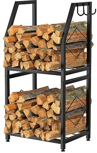 VyGrow Kleines Kaminholzregal für den Innenbereich, 2-stöckiger Kaminholzhalter mit 3 Haken zum Aufhängen, robustes Holzregal für den Außenbereich, Terrasse, schwarz, 30 cm D x 39,9 cm B x 81 cm H