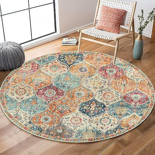 Nyescasa Runder Vintage Boho Teppich - Waschbar Baumwollteppich Mandala Bedruckt 120cm - Flauschig Modern für Schlafzimmer, Wohnzimmer, Esszimmer, Küche Innen