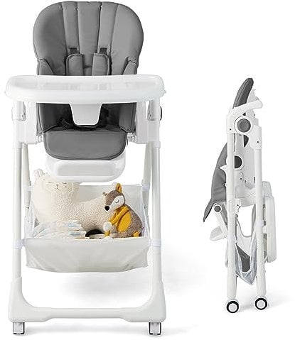 Maxmass Baby Highchair, Folding Infant Feeding Chair with Double Removable Tray, Storage Basket, 5-Point Harness & 4 Wheels, Adjustable Toddler High Chair for 6-36 Months (Grey)