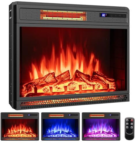 COSTWAY 25”/64cm Electric Fireplace, Recessed Freestanding Fire Heater with 3 Flame Color, 4 Brightness, Adjustable Thermostat, Remote Control & Overheat Protection (25”, 900W/1800W, with Logs)