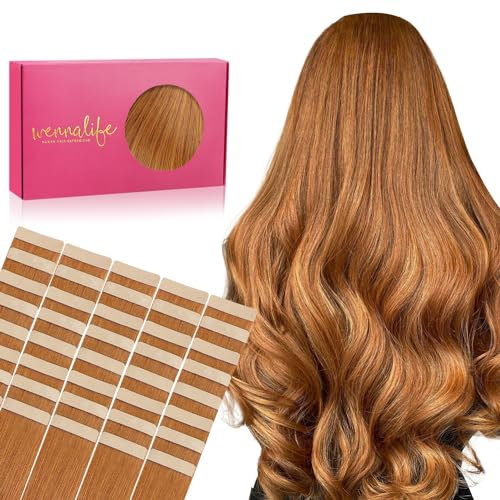 WENNALIFE Tape Extensions Echthaar, 40pcs 100g 40cm 16 Zoll Auburn Ginger Haarverlängerung Echthaar Extensions Invisible Tape in Extensions Echthaar Hair Extensions Seidig Gerade Skin Weft Tape Ins