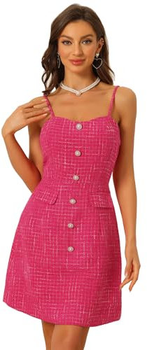 Allegra K Robe à Carreaux Femmes Robe Débardeur en Tweed à Bretelles Spaghetti Mini Robe avec Décoration de Boutons Rose Vif M