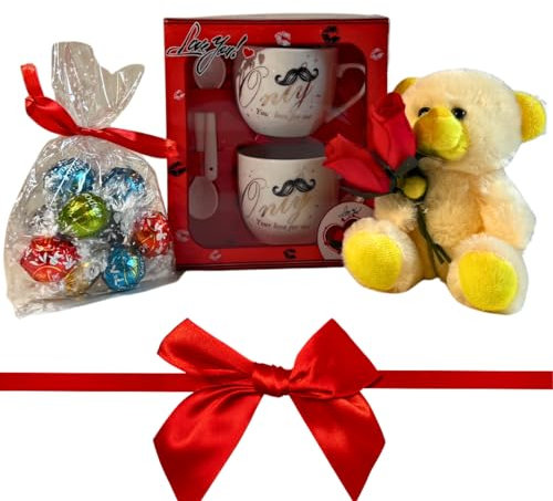 Idea Regalo Festa della Donna 2025-100gr Cioccolatini Assortiti + Peluche Occhi Dolci con Rosa + Set Tazze Da Cappuccino - Regalo Fidanzata Fidanzato (Tazzine Grandi)