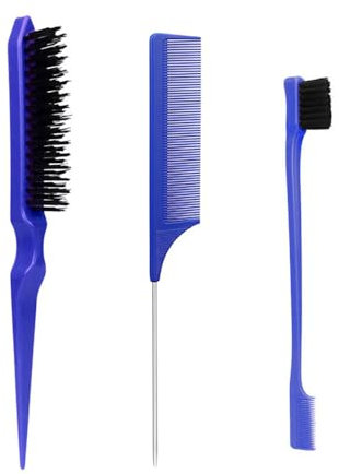 ZEVONDA 3 Stück Sleek Bun Bürste Set - Spitzschwanzkamm Borstenbürste Eine Doppelseitige Haarkantenbürste Kämmen Stylen Färben von Haaren Haarbürste Set für Frauen Kinder und Friseure - Blau