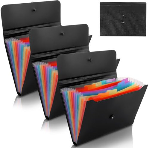 YAYODS 3 Stück Dokumentenmappe A4 - Schwarz Fächermappe - Ordnungsmappe A4 12 Fächer Erweiterbar - Organizer Mappe - Dokumententaschen Kunststoff -Tragbar Aktenordner Organizer mit Etiketten für Büro