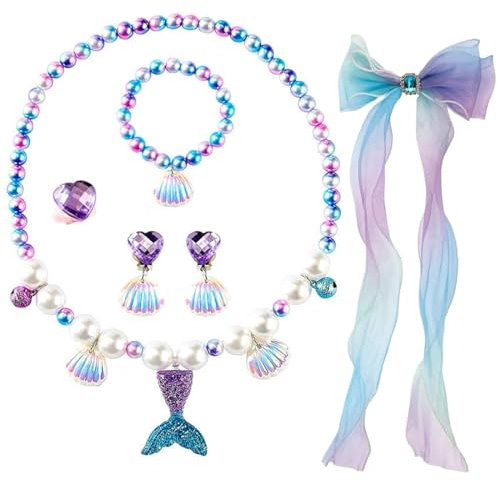 6 Stk Meerjungfrau Schmuck Set für Mädchen, Meerjungfrau Kinderschmuck Halskette, Ringe, Armbänder, Ohrring, Haarnadel, für Kinder Mädchen Party Geburtstaggeschenk