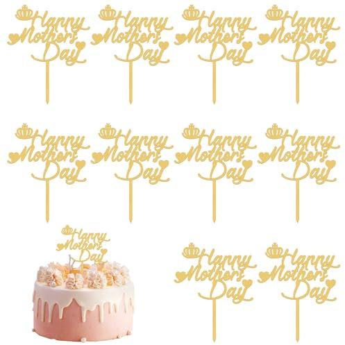 10 Stück Happy Mothers Day Kuchenaufsatz, dekorationen zum muttertag, Acryl-Happy Mothers Day-Aufsatz, Cupcake-Kuchenaufsatz, goldene Glitzer-Kuchenstangen, Kuchendekorationen für Muttertagsparty