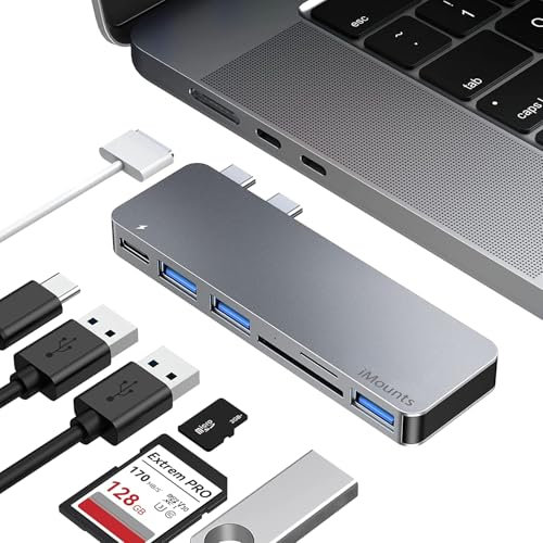 iMounts USB-C Hub für MacBook Air und Pro M1/M2/M3, 3 USB 3.0 Anschlüsse, Thunderbolt 3, SD/Micro SD Kartenleser, MagSafe-kompatibel, Grau (Space Gray)