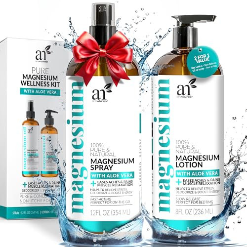 ArtNaturals Magnesium Oil Spray 340g + Body Lotion Set 227g - Extra Strength Ultra-Pure Soothing Relief & Relaxation for Better Sleep, Muscle Health Leg & Joint Care W/a Less Itch, Non-Greasy Formula