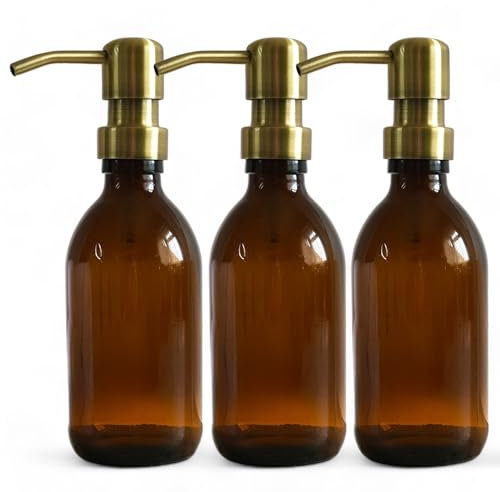 AVALON 250ml Amber Glass Soap Dispenser Bottles with On Trend Metallic Pump - Empty Refillable Containers for Liquid Soaps, Lotions, and More (Pack of 3, Brass Style Pump)