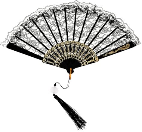 Lace Handheld Chinese Folding Fan, Embroidered Flowers Pattern Handheld Fans Bamboo Silk Folding Fan Handheld Chinese Vintage Style for Women Costume Weddings Dancing Party DIY Bridal Hand Fan, Black