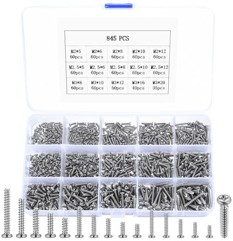 M2 M2.5 M3 Viti Autofilettanti, 845 Pz Viti per Legno, Set Assortimento di Viti a Testa Tonda a Croce, Kit Assortimento di Viti per Legno Testa Tonda Autofilettanti, Set Viti Legno per Mobili Metallo