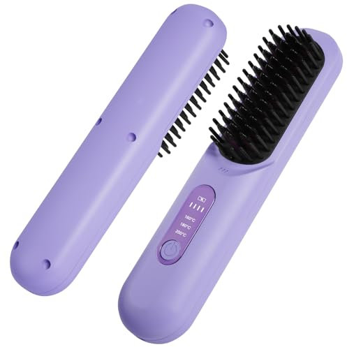 LOPHE Piastra per Capelli, Senza Fili Piastra Lisciante Riscaldamento Rapido, Piastra Capelli Spazzola con Display LED, 3 Temperature 160°C-200°C per Capelli Lisci, Ricci e Mossi(Viola, B)