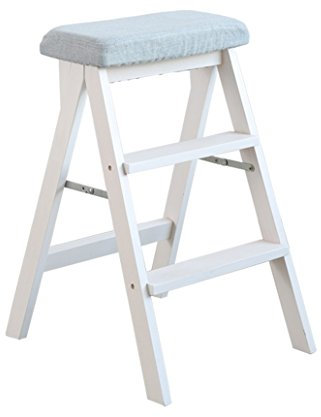 FCYNNV Step Ladder Stool Solid Wood Folding Stepladder Stool with 3 Steps Multifunctional White and Blue Ladder Chair for Kitchen and Office Use