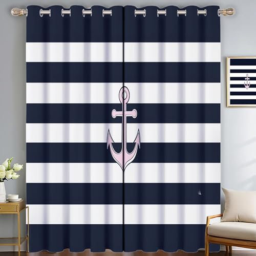 Maritimes Thema Gardinen Schlafzimmer H210 × B132 cm (2er Pack) Thermovorhang Verdunkelungsvorhang Modern Vorhänge 3D weiße Streifen Muster Blickdicht Ösenvorhang