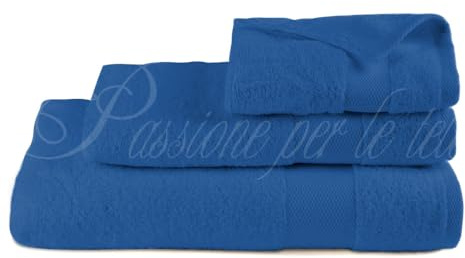 Passione per le tele Set Asciugamani in Spugna 3 pezzi Tris Bagno Viso 60x110 Ospite 40x60 Telo Doccia 100x150 in Cotone 100% Spugna 600 gr/mq (FASCIA blu royal)