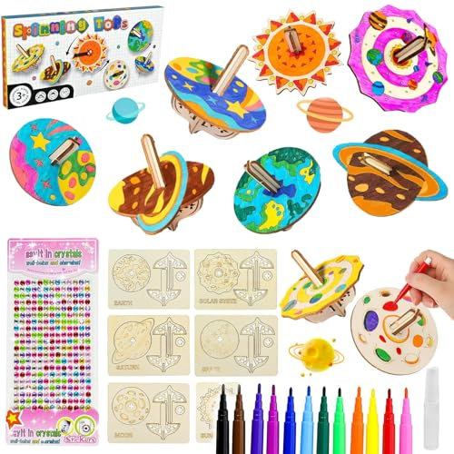 vnfsmy 12 Stück Holzkreisel Bausatz Kinder Holzkreisel Bastelset Kinders Kreisel Holz Bastelset mit Aufklebern zum Bemalen und Basteln Holzbastelset aus Holz für Kinder Jungen Mädchen 3 4 5 6 8 Jahre