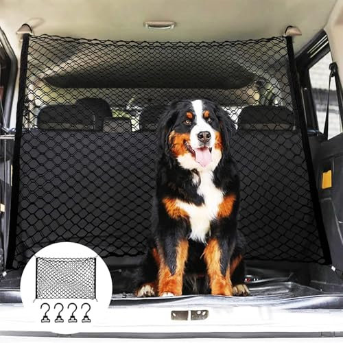GOMETY Rejilla de protección para el maletero del coche, 120 x 90 cm, doble capa de polipropileno con 4 ganchos, universal para perros, red de seguridad para mascotas, separador de coche