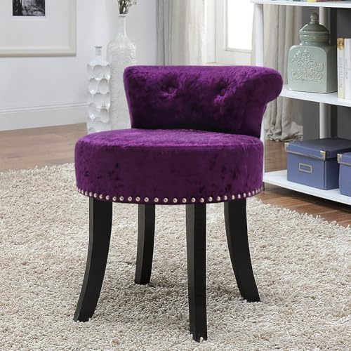 Warmiehomy Dressing Table Stool Velvet Makeup Vanity Desk Chair Stool for Bedroom Dressing Table with Low Back, Solid Wooden Legs, Dark Purple