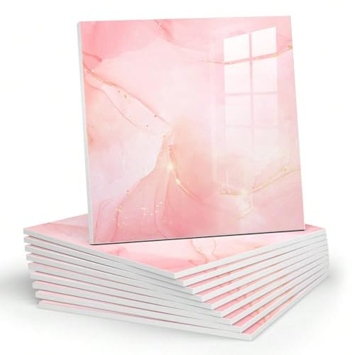 Chejiaye 10pcs Marble Peel and Stick Backsplash Waterproof Washroom Wall Panels, Peel and Stick Tile, PVC Foam Wall Panels for Kitchen,Bathroom,Living Room,Pink Wallpaper(Not Real Tile,11.8 x 11.8)