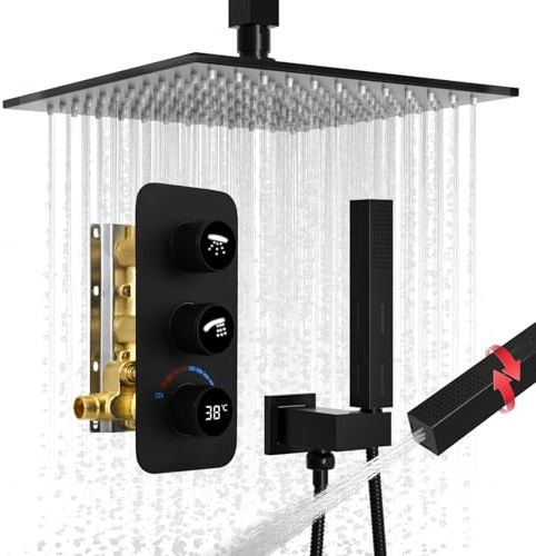 GETSHOWERSET Rainfall Shower System, 10 Inch Rain Shower Head with 2 in 1 Handheld, Ceiling Mounted Shower Faucet Set, Matte Black