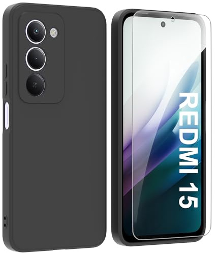 ARRYNN Funda para Xiaomi Redmi 15 4G / 5G (6.9) con Cristal Templado Protector de Pantalla,Negro Ultra Slim Protectora Funda de Silicona Líquida Suave Case Cover - Negro
