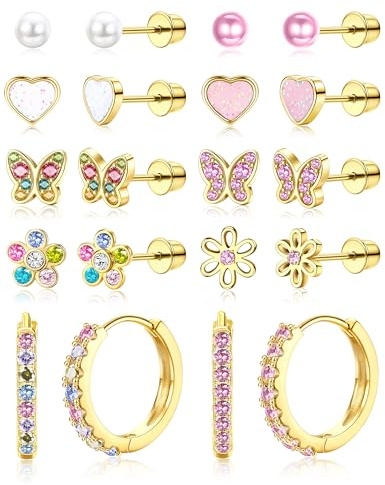 LOLIAS 10 Paar Kinder Ohrringe Mädchen Medizinische Ohrstecker und Creolen | Hypoallergene Ohrringe für Mädchen Chirurgenstahl Rosa Perle Herz Blume Schmetterling Kinderohrringe Silber/Gold