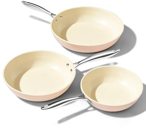 Uukrave Pfannenset Keramikbeschichtung Induktion, Antihaft Bratpfannen Set 20/24/28 cm für alle Herdarten, PTFE-frei PFAS-frei PFOA-frei, Induktionsgeeignet, Backofenfest, Spülmaschinenfest(Rosa)