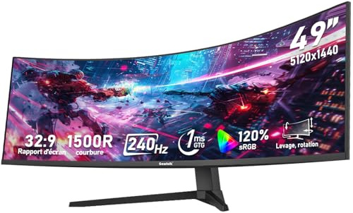Gawfolk 49 Pouces Écran PC d'ordinateur de Jeu 1500R Ultra-Large incurvé, DQHD (5120×1440), 240Hz, 1MS, FreeSync, 120% sRGB, Moniteur réglable en Hauteur, HDMI2.1、DP1.4, VESA 75 * 75mm-Noir