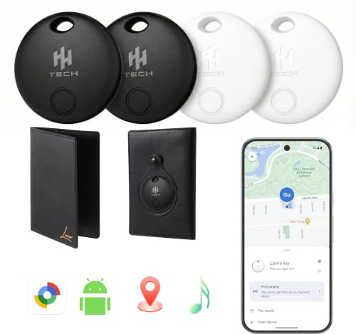 HH-Tech Android Smart Tracker Tag Combo Works with Google Find Hub, Bluetooth Item Finder, Key Finder, Replaceable Battery, Track Bag, Luggage (Pack-4 with Free Passport Holder)