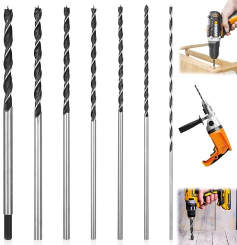 Juego de Brocas para Madera Largo, Brocas Extra Largas de 300 mm, Ø 4, 5, 6, 7, 8, 10, 12mm, Tres Consejos de Broca para Decoración de Edificios, Bricolaje y Modelismo