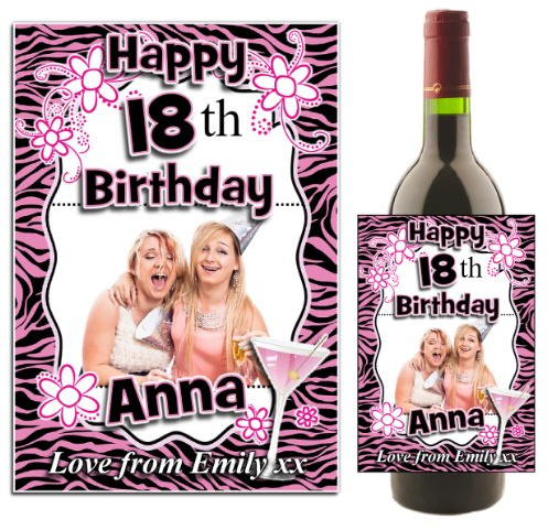 Personalised Happy Birthday Wine/Champagne Bottle Photo Label ~ Pink Glamour Happy 18th 21st 30th 40th 50th Birthday Gift Idea N12 Any Age1