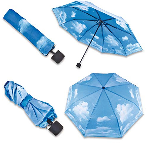 Burwells Blue Sky & Cloud Umbrella – Colourful Compact Folding Retractable Travel Windproof Bad Weather Rain Protector Canopy with 8 Spokes & Carry Case – Measures H55 x 97cm Diameter
