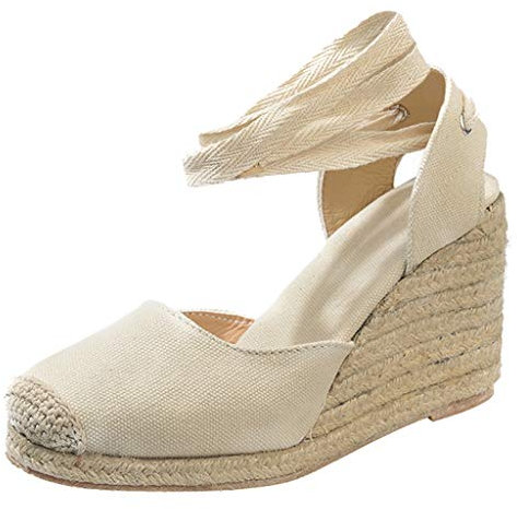 OverDose Sandales Espadrilles Compensées Femme en Toile Bout Rond, Été Chaussures Talon Haute Lacets à Bride Cheville High Plateforme Lacets à Bride Cheville Sandals