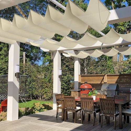 Windscreen4less 4' x 16' Waterproof Retractable Sun Shade Canopy Cover Sliding Wave Shade Sail for Pergola Patio Deck Yard Gazebo Outdoor (Beige)