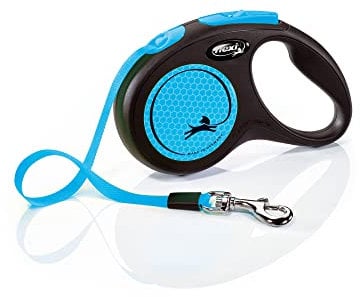 flexi® Neon S Gurt 5 m schwarz, neon-Blauer Gurt, reflektierende Seitenfläche, Roll-Leine für Hunde bis 15 kg